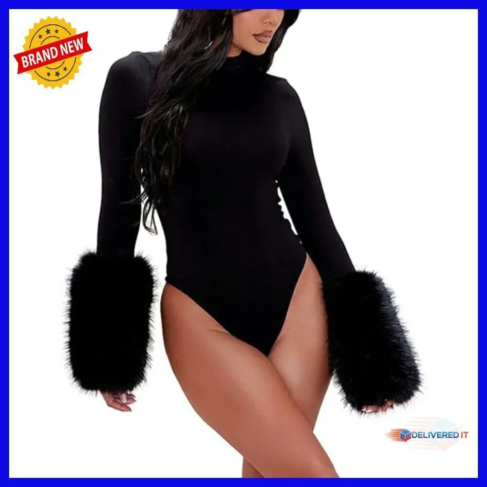 Long Sleeve Mock Neck Bodysuit with Faux Fur Cuffs, Sexy Club Outfit